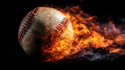 Burning baseball in darkness, fierce energy unleashed