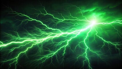 Intense green lightning strike across dark background powerful electrical discharge