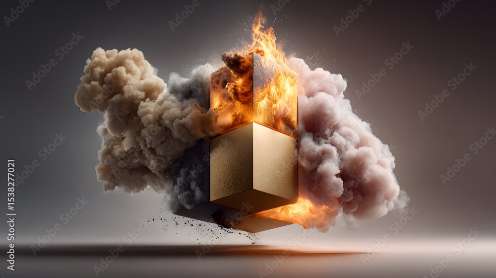 Poster a dramatic depiction of a container or package exploding with intense flames dense smoke and debris 