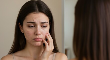 Concerned woman examining her skin in the mirror