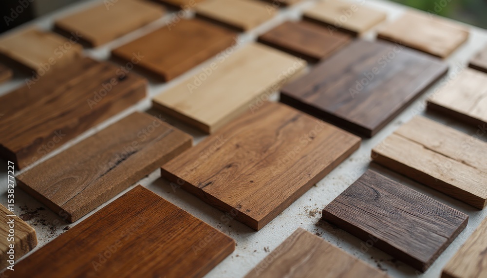 Aufkleber Various wooden samples arranged on tabletop in workshop setting