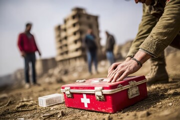 First aid kit in the hand of humanitarian aid during war operations