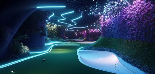 Futuristic mini-golf course with vibrant neon lighting.