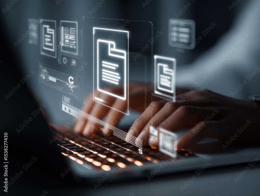 Poster Hands Typing on Laptop with Digital Document Icons, Illustrating Data Management and Business Efficiency in the Age of Digital Transformation : Generative AI