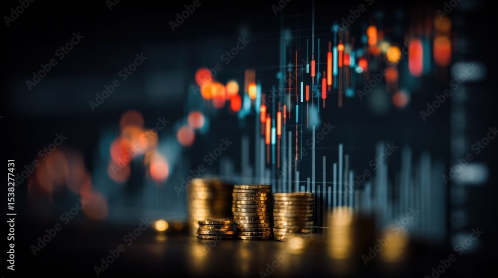 Poster stacks of coins with stock market chart in background, symbolizing investment strategy and financial