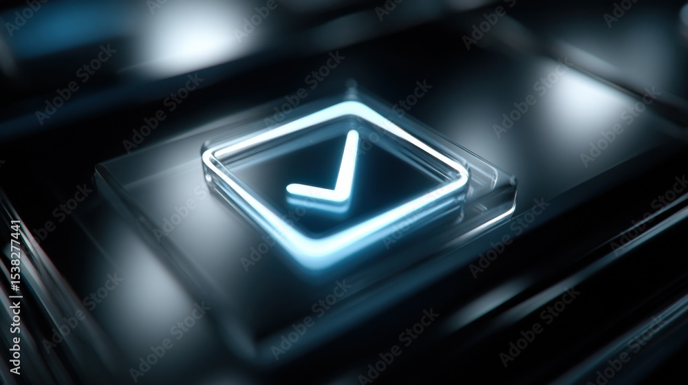 Poster glowing check mark icon on dark surface, symbolizing approval and successful project completion for 