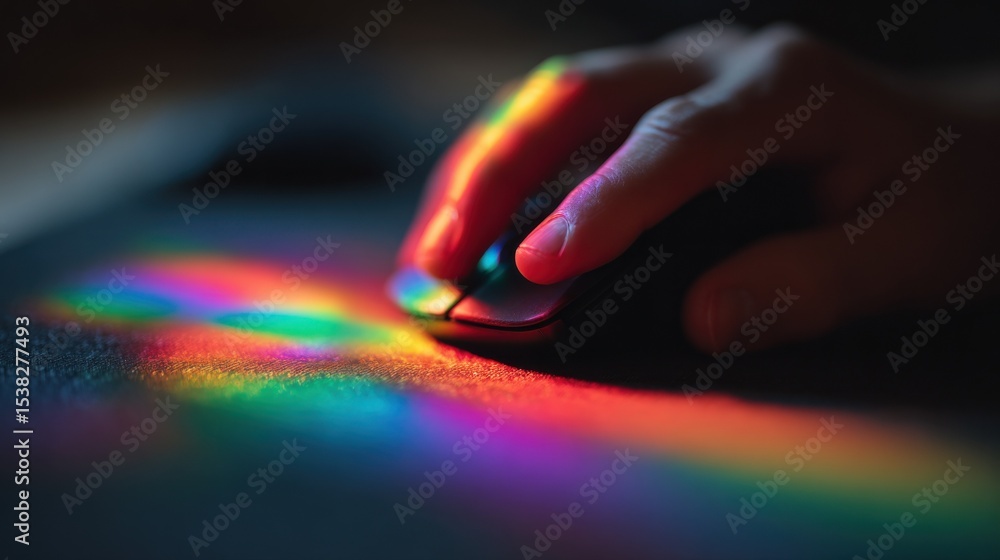 Poster Hand Using Computer Mouse With Rainbow Reflection, Emphasizing Technology and Digital Creativity for Modern Marketing Campaigns : Generative AI