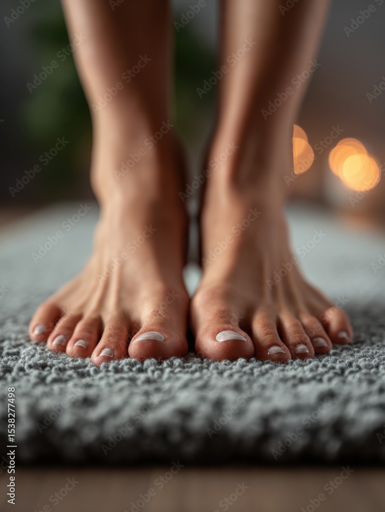 Poster bare feet standing on soft gray rug, representing wellness and self-care in a lifestyle setting : ge