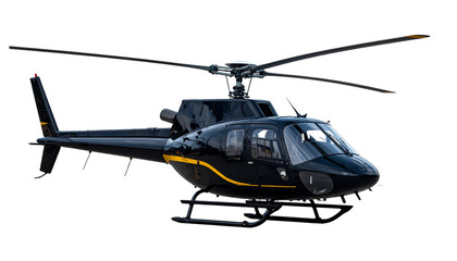 Fototapeta premium A black helicopter with a yellow stripe on the tail rotor Isolated on Transparent or White Background