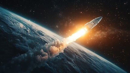 Rocket launch into space above a planet.