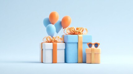 Pastel Gift Boxes With Balloons and Sunglasses, Representing Celebration and Birthday Party Invitation, Perfect for E-commerce Marketing : Generative AI