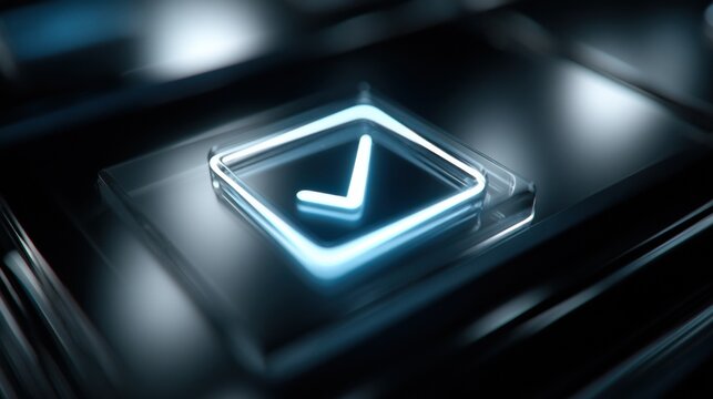 Glowing Check Mark Icon on Dark Surface, Symbolizing Approval and Successful Project Completion for Business Solutions and Task Management Applications : Generative AI
