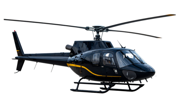 A black helicopter with a yellow stripe on the tail rotor Isolated on Transparent or White Background