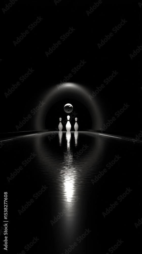 Poster bowling ball about to strike pins reflected in water, symbolizing precision and strategic planning f