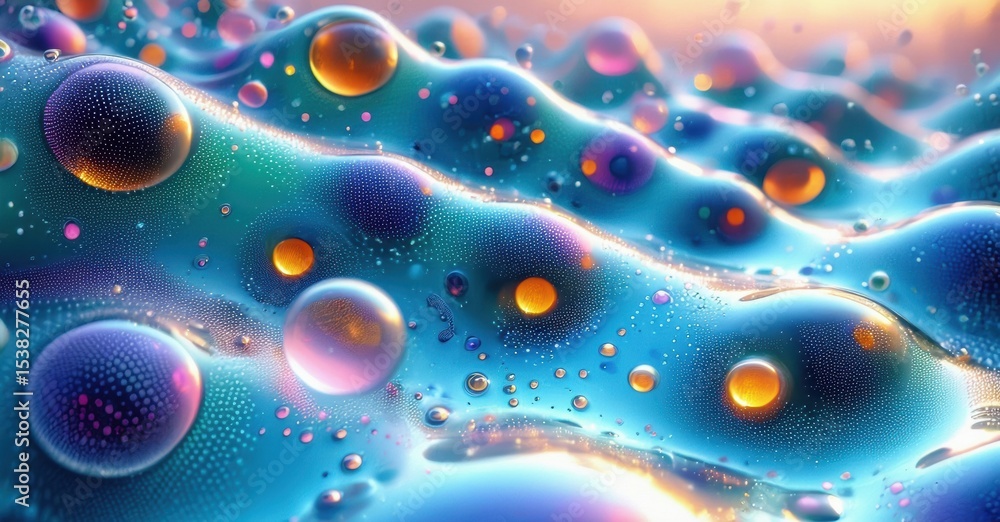 Aufkleber Abstract fluid surface. Colorful bubbles, waves, light reflections create vibrant texture. Dynamic composition, mesmerizing visual effect.