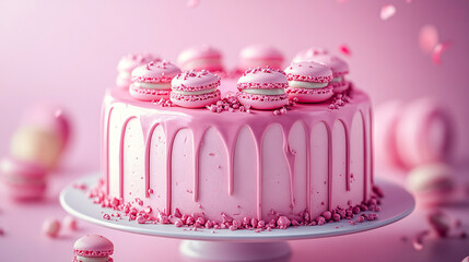 A pink cake with pink icing and macaroons