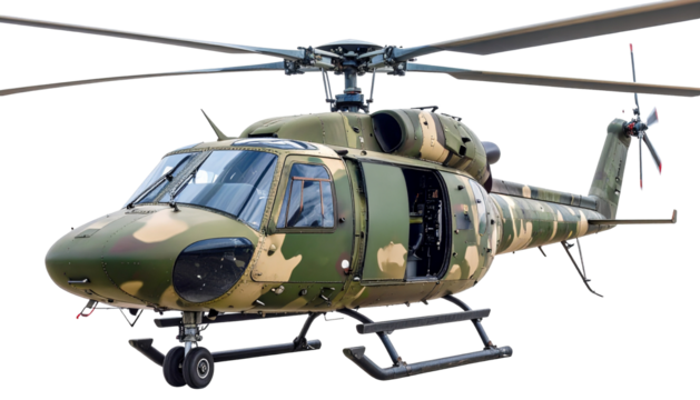 A camouflage helicopter with a single pilot in the cockpit Isolated on Transparent or White Background