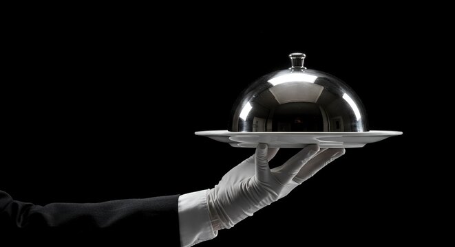 A gloved hand holds a silver serving tray with a domed lid against a black background