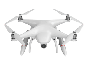 A white drone with four missiles attached to its wings, viewed from the front against Isolated on Transparent or White Background