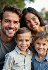 Obraz premium A cheerful family gathers in a vibrant park, illuminated by golden sunlight Generative AI
