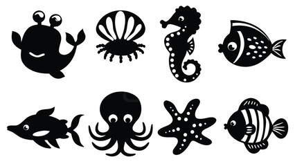 Sea creatures, including the seahorse, starfish, octopus, and various fish silhouettes, sit isolated