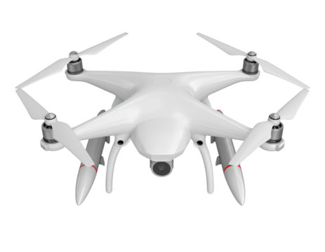 A white drone with four missiles attached to its wings, viewed from the front against Isolated on Transparent or White Background