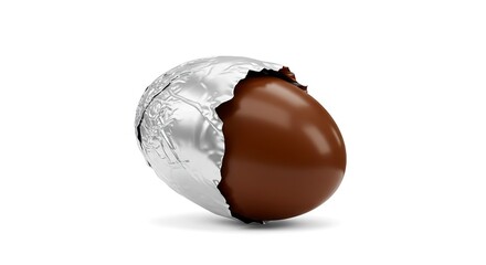 A brown eggshaped candy is partially unwrapped revealing shiny chocolate and crumpled silver foil