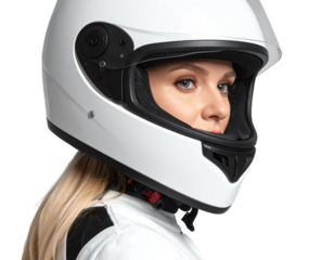 Female biker in white helmet and gear.