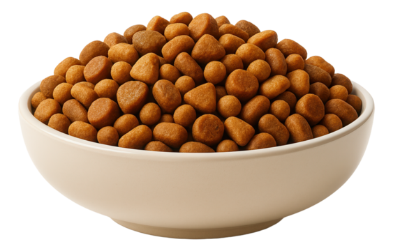 Bowl filled with dry brown pet food kibble shaped into small triangular and round pellets.