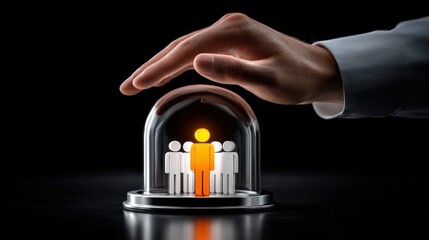 A hand protecting a group of miniature people under a glass dome, symbolizing security, leadership, and teamwork in a professional setting.