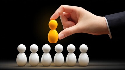 A hand selecting a golden piece from a line of white figures, representing choice, leadership, and strategic decision-making.