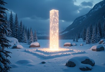 Glowing Crystal Column in Frozen Landscape Mystical Winter Scene