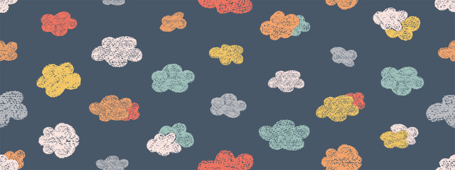 Crayon icons of weather, clouds in sky. Seamless pattern with doodle clouds in chalk texture. Cute summer weather background drawn with crayon pencils, kid vector illustration