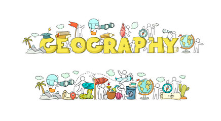 Fototapeta premium Doodle banners of geography, school science education. Sketch banner and icons of world travel with map, compass, globe and people on train, airplane and car, vector hand drawn illustration