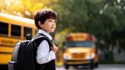 A young boy stands beside a yellow school bus, ready for the day. His backpack suggests preparation for a new adventure.