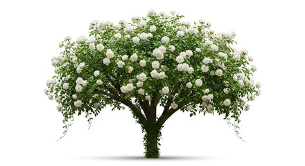 Obraz premium Rose tree with white flowers central trunk partly covered in foliage