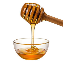 Golden Honey Pouring from Wooden Dipper into Glass Bowl Delicious Sweet Treat, transparent background