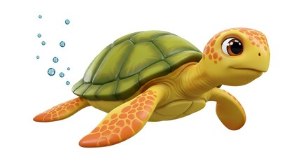 Obraz premium A cartoon turtle floats green shell and yellow skin dotted with orange accompanied by bubbles