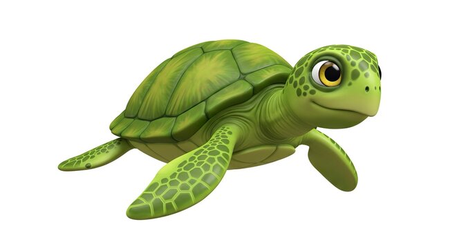 A cartoon green sea turtle with a patterned shell looking to the side
