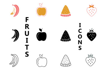Fruits line solid icon set. Apple, banana, orange, grape, strawberry, watermelon, pineapple, and mango icons. Perfect for healthy food concepts. Editable vector illustration