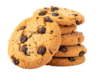 Chocolate chip cookies falling in stack Isolated on Transparent or White Background