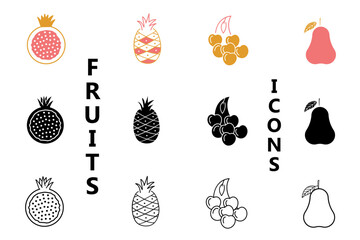Fruits line solid icon set. Apple, banana, orange, grape, strawberry, watermelon, pineapple, and mango icons. Perfect for healthy food concepts. Editable vector illustration