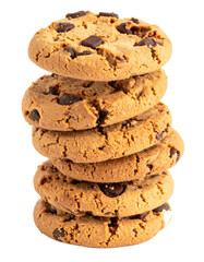 Chocolate chip cookies falling in stack Isolated on Transparent or White Background