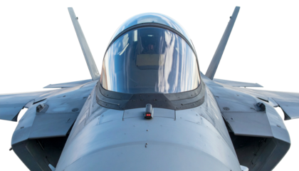Close-up of a fighter jet in flight, cockpit and canopy in focus Isolated on Transparent or White Background