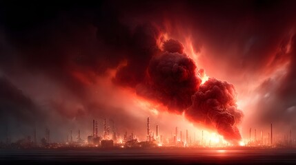 Obraz premium A dramatic and ominous scene of a large scale explosion and raging fire consuming an industrial refinery complex with thick smoke and flames billowing into the dark cloudy sky