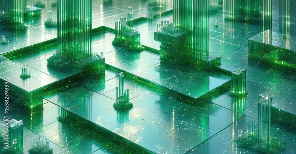 Poster Abstract digital landscape. Glowing green structures rise from reflective surface. Complex geometric patterns create futuristic scene.