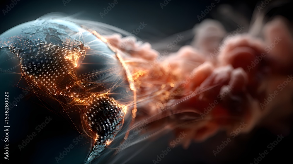 Poster an abstract dynamic depiction of planet earth glowing with energy power and light symbolizing the tr