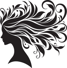 Fototapeta premium Botanical Hair Silhouette of a Woman | Nature & Beauty Vector Art Elegant black silhouette of a woman’s profile with flowing floral and botanical hair design. A perfect fusion of nature and femininit 
