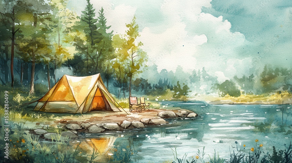 Poster tent set up by serene lake with folding chairs in forest