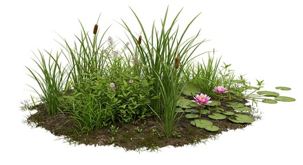 A patch of wetland flora including lily pads cattails and various grasses and leafy plants on a mound of dark soil